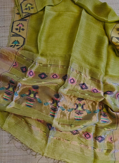 Iravati Light Green exclusive silk linen saree featuring a tested zari Jamdani border, elegant Paithani-style tissue pallu, and matching running blouse piece by Rihyaaz Fashions.