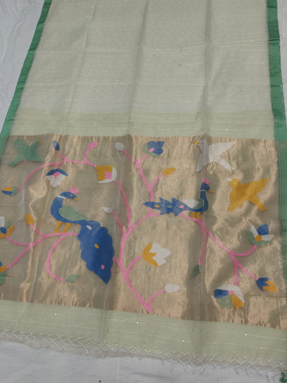 Odhani - Muslin Silk Paithani Weaved Saree with all-over sequin work by Rihyaaz in premium handcrafted festive ethnic wear featuring elegant Paithani motifs and luxurious muslin silk fabric.