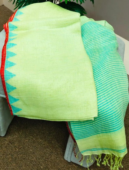 Light green Pure silk Jayashree linen saree with traditional temple border, striped palla and running blouse piece by Rihyaaz Fashions.