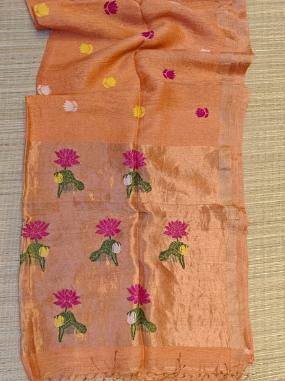Zarf - Pure Tested Zari Tissue Linen Saree with Paithani Jamdani Palla by Rihyaaz, handwoven premium dyeable festive saree featuring traditional Indian weaving craftsmanship.
