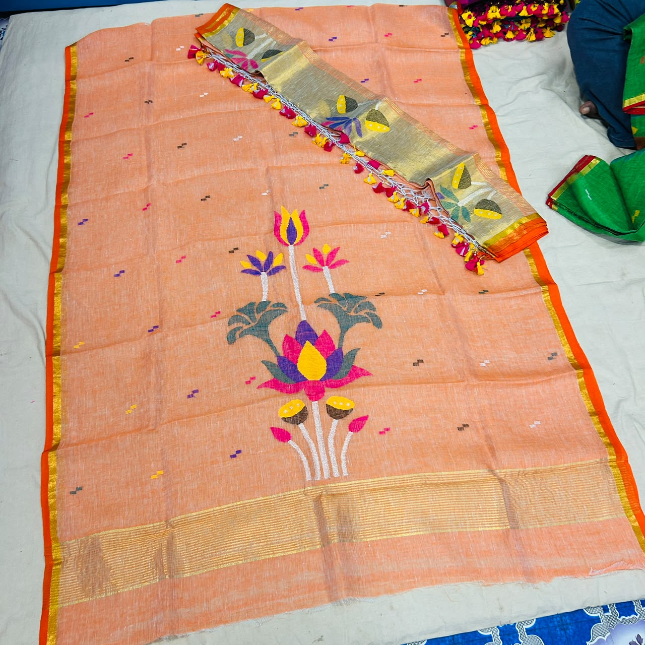 Linen Jamdani suit set by Rihyaaz featuring 2.5 metre top fabric and dupatta, showcasing elegant traditional Jamdani weaving and handcrafted ethnic design.
