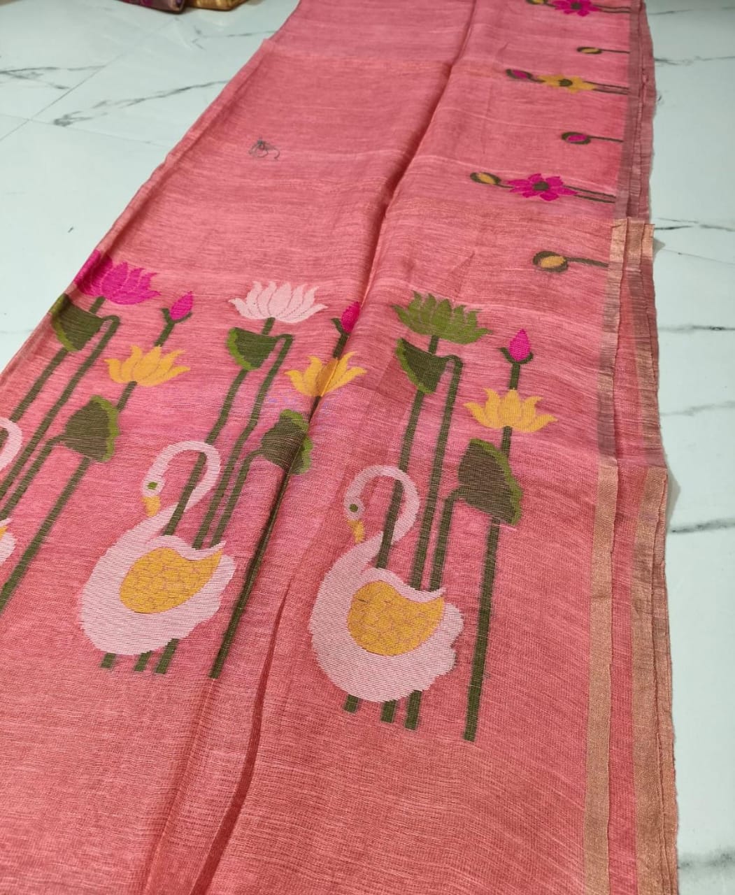 Rajhans - Pure Linen Silk Jamdani Handwoven Saree by Rihyaaz featuring premium linen silk fabric with intricate traditional Jamdani weaving, elegant handcrafted motifs, and luxurious festive ethnic wear for women.