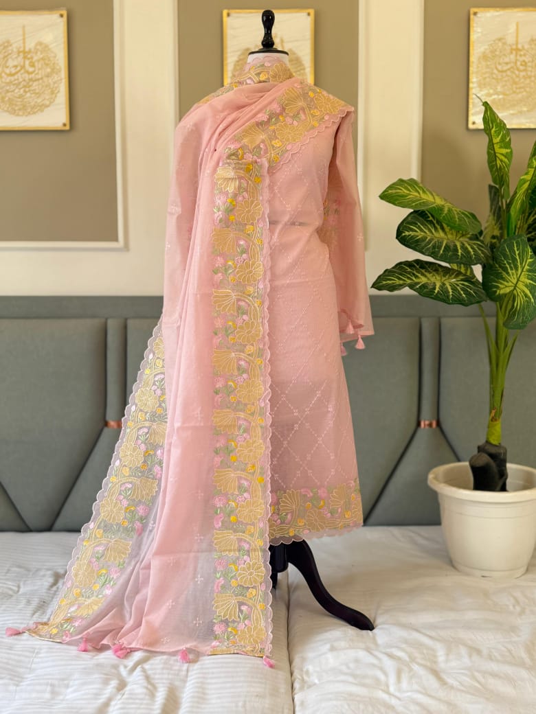 Exclusive light pink Banarasi Mal Chanderi tissue suit set by Rihyaaz Fashions featuring an embroidered appliqué work top, matching tissue dupatta and plain cotton silk bottom, 2.5 metres each.