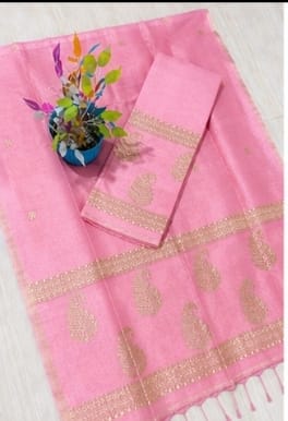 Kairi light pink Pure Silk Linen Jamdani suit with handwoven detailing and net tassel dupatta by Rihyaaz