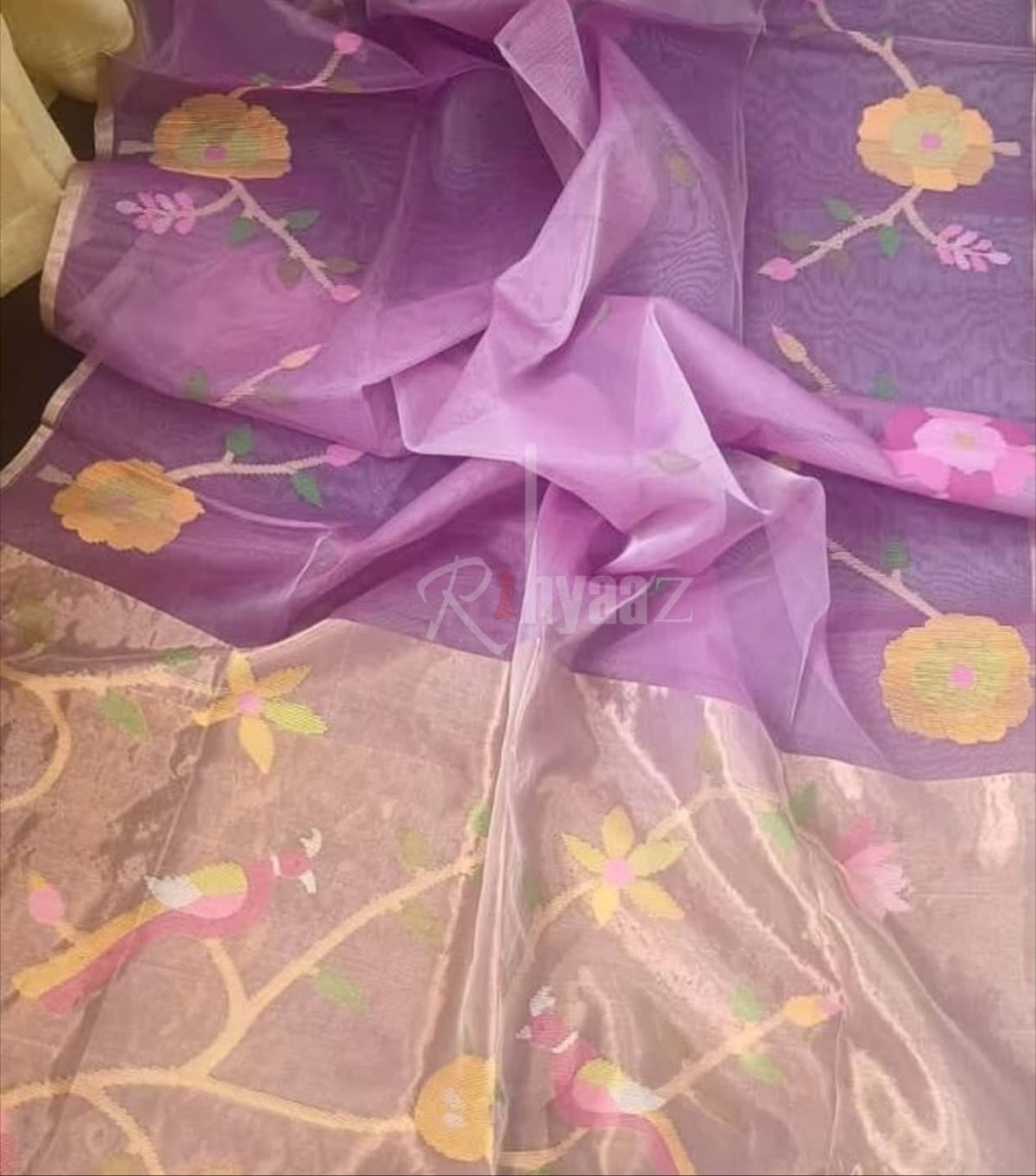 Anushua - Muslin Bird Motif Allover Weaved Silk paithani palla jamdani saree by Rihyaaz.