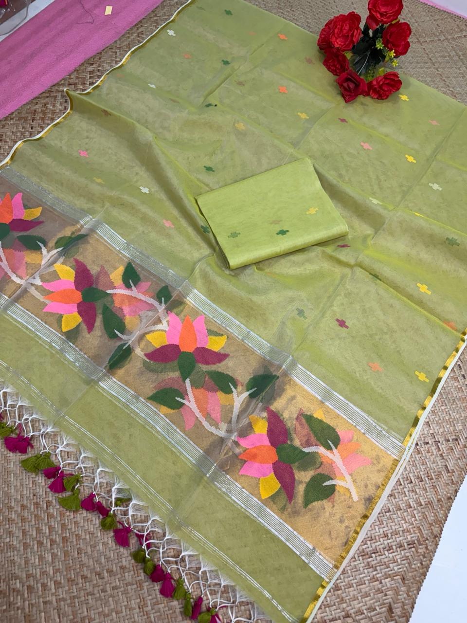 ✨ Muslin Paithani Jamdani Handwoven Suit Set with Tassels Dupatta | Rihyaaz