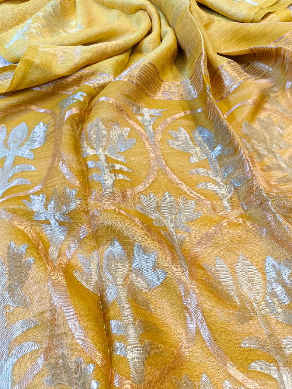 Padmini - Lotus Fusion Silk Linen Saree by Rihyaaz, premium handwoven silk linen saree with lotus-inspired design, lightweight festive ethnic wear for weddings and celebrations.