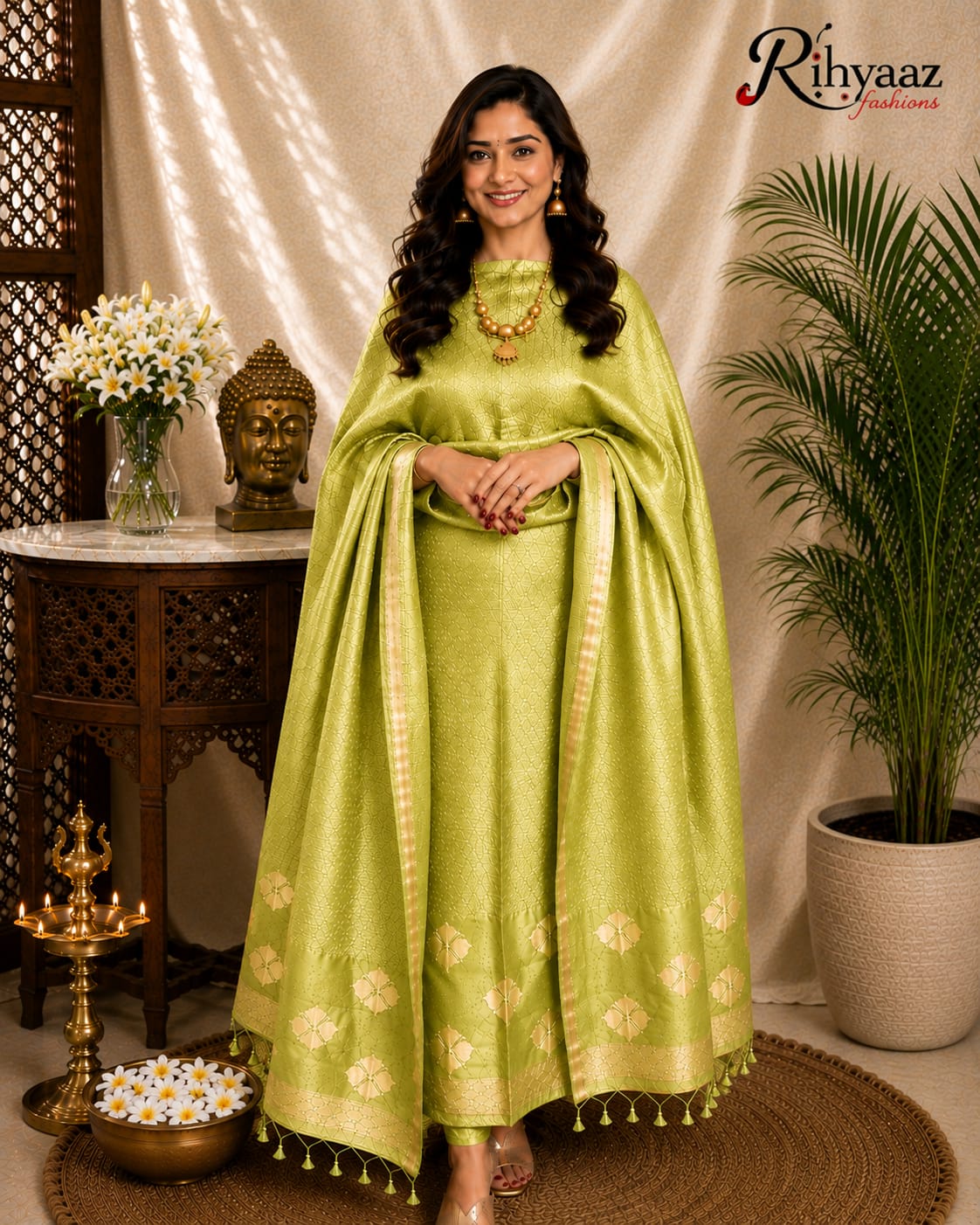 Noorie Silk Mark Certified Kora Palla Linen Silk Khaduwa Weaving Suit with intricate handwoven detailing, 2.5 mtr top and dupatta by Rihyaaz Fashions.