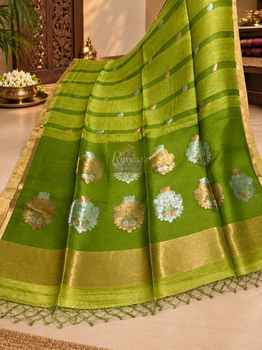 Aarti Lime green premium Resham by linen silk dual zari weaved Jamdani saree with intricate handwoven Jamdani detailing by Rihyaaz Fashions