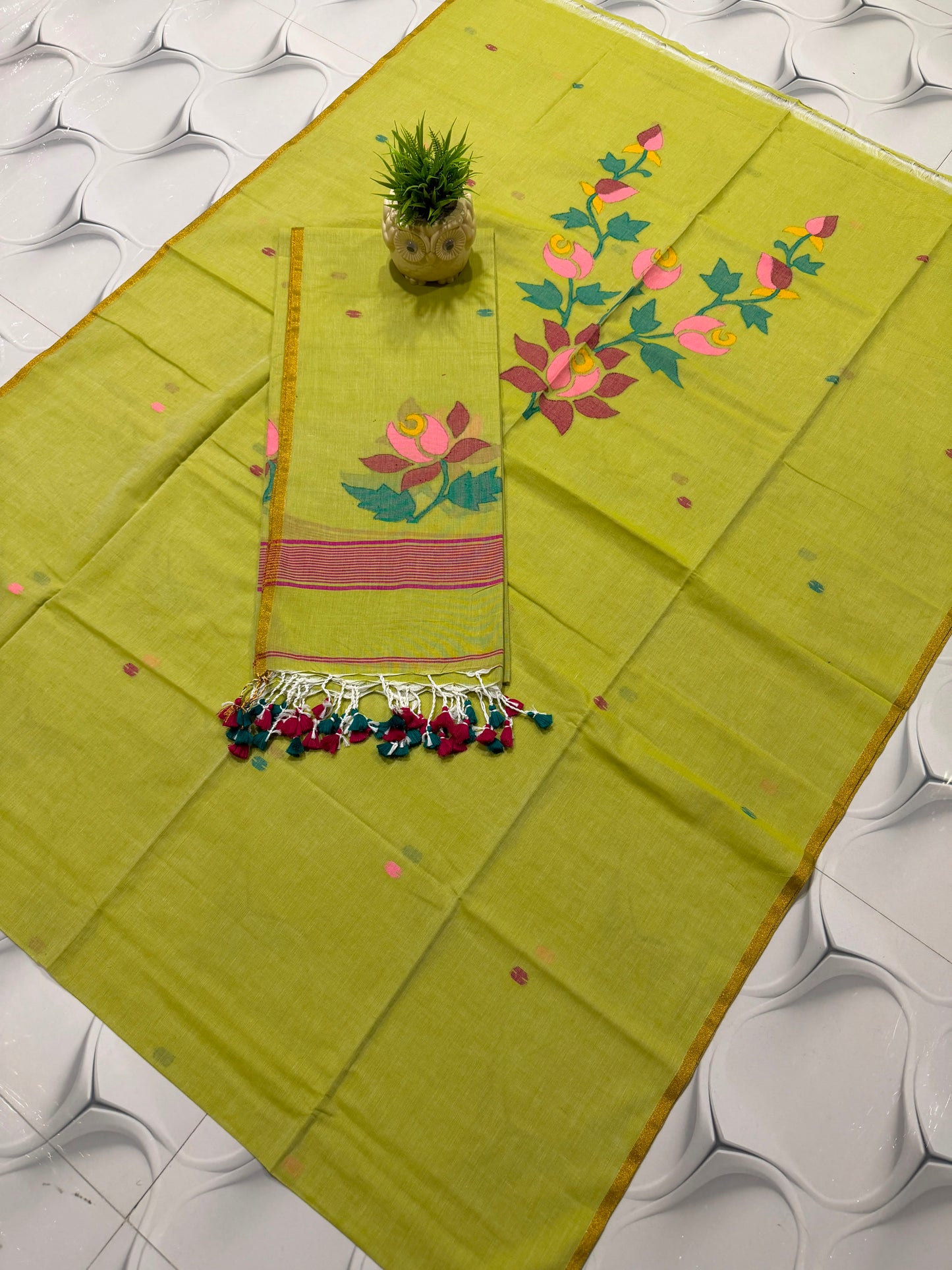 Lime Green Pure cotton Jamdani suit set with 2.5 meter cotton top and 2.5 meter dupatta, featuring traditional Jamdani weaving and elegant ethnic design by Rihyaaz.