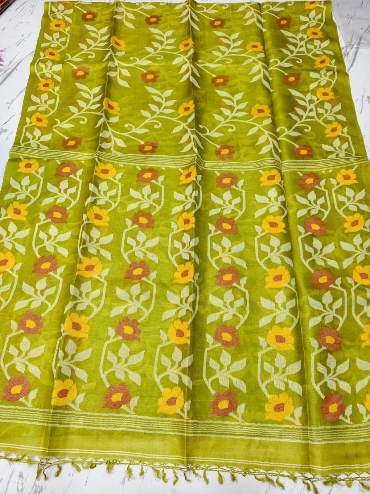 Bageecha Lime green Pure Tussar Jamdani saree with intricate all-over handwoven floral Jamdani work, Silk Mark certified by Rihyaaz 