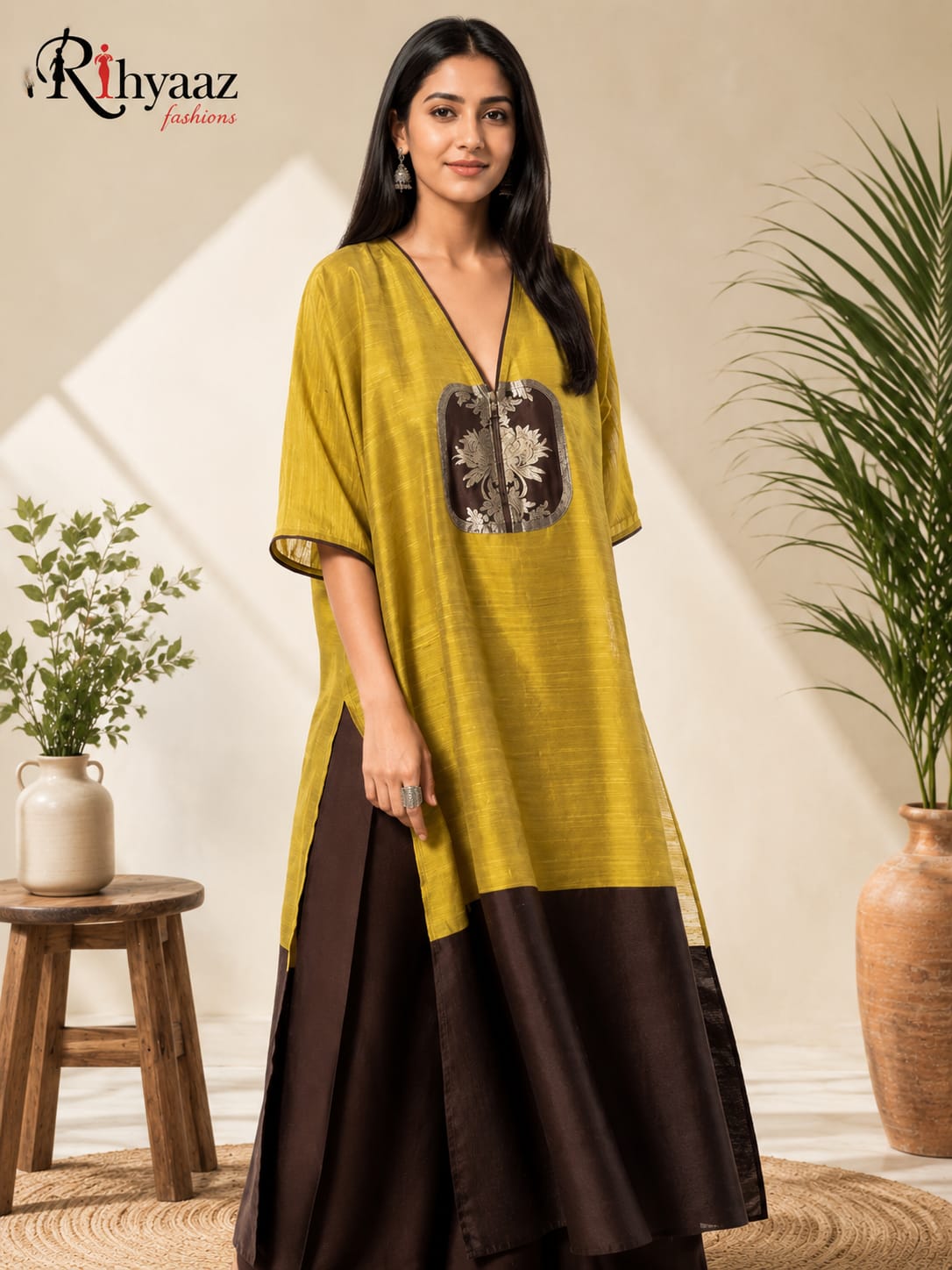 Rebeca Mul by Raw Silk Khaduwa weaving unstitched kaftan, elegant handcrafted Indian ethnic wear by Rihyaaz, suitable up to 56 inch chest.