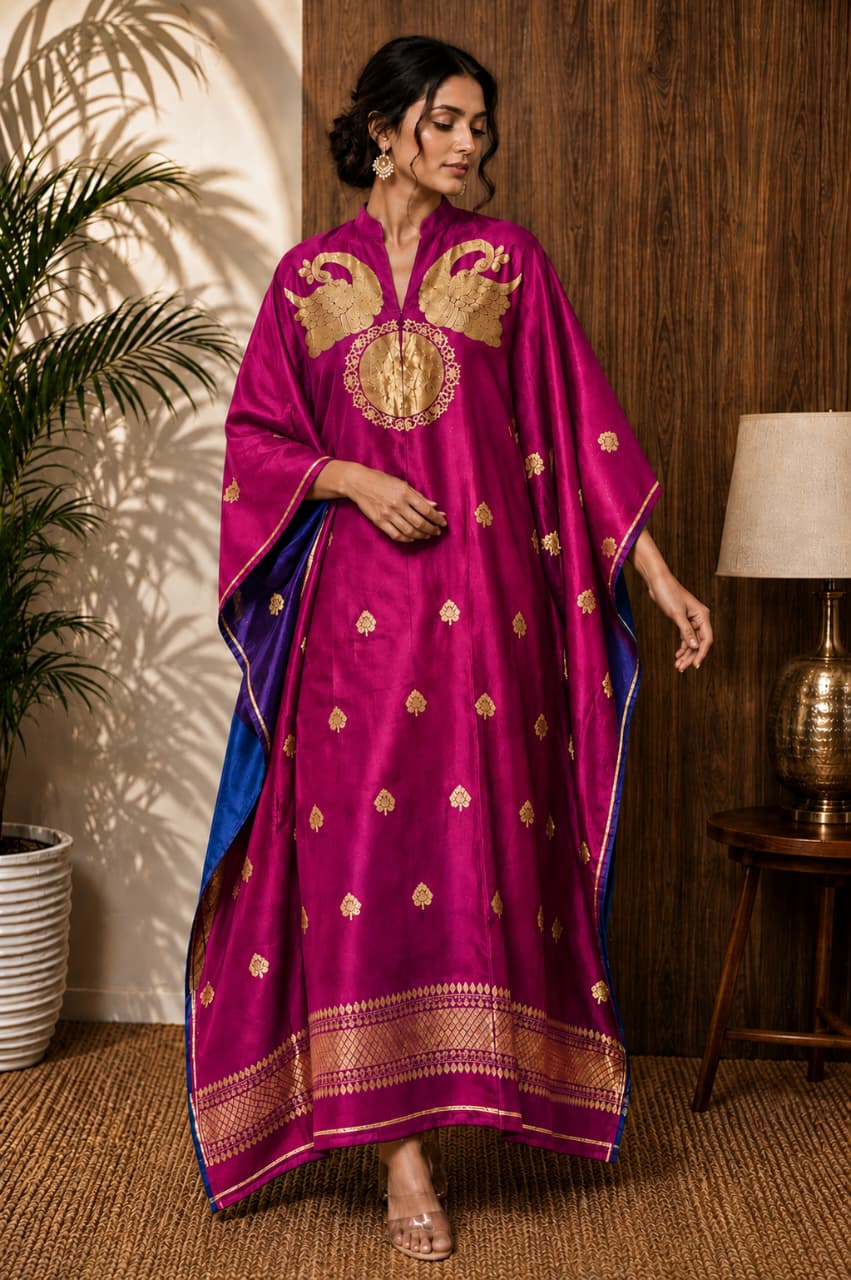 Nayra Banarasi weaved unstitched kaftan by Rihyaaz, showcasing elegant traditional Indian weaving and luxurious ethnic styling.
