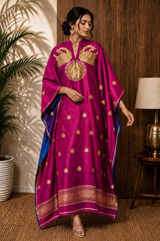 Nayra Banarasi weaved unstitched kaftan by Rihyaaz, showcasing elegant traditional Indian weaving and luxurious ethnic styling.