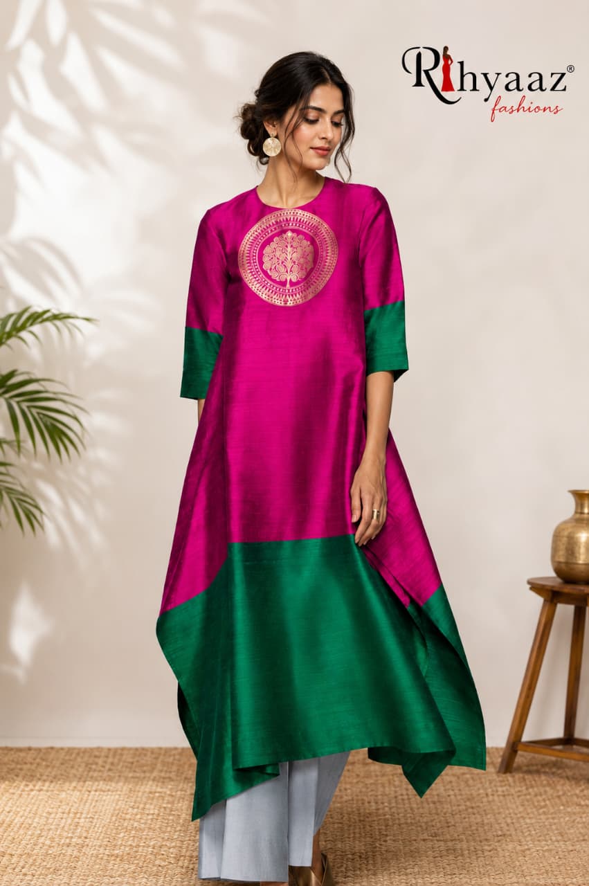 Ruby Benarasi woven raw silk kaftan unstitched fabric by Rihyaaz, available on pre-order.