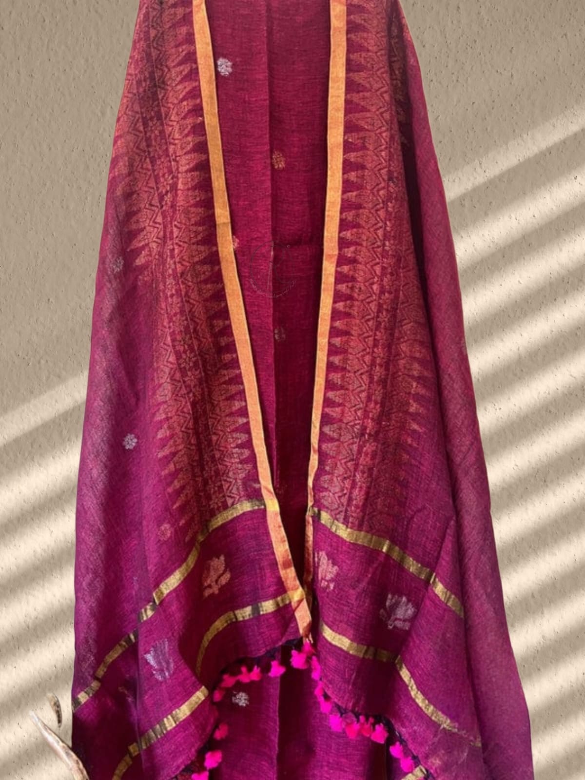 Sohini 84 count pure linen Jamdani suit with intricate copper zari weave by Rihyaaz