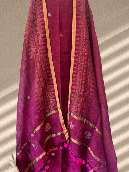 Sohini 84 count pure linen Jamdani suit with intricate copper zari weave by Rihyaaz