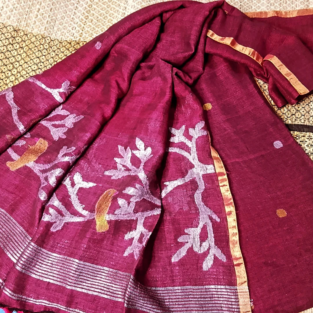 Panchchi - Dual Zari Bird Weaved Linen Jamdani Suit by Rihyaaz featuring handwoven premium linen fabric with intricate dual zari bird motifs and traditional Jamdani weaving, ideal for festive and ethnic occasions.