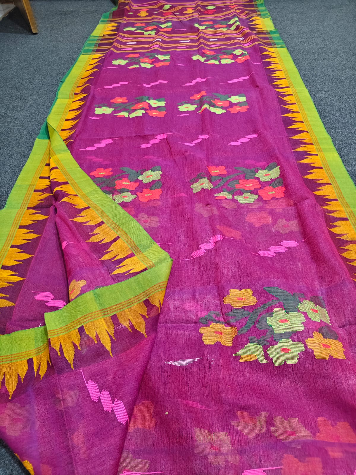 Exclusive handloom Manipuri saree with intricate all-over work, 13–14 haat long length and running blouse piece by Rihyaaz.