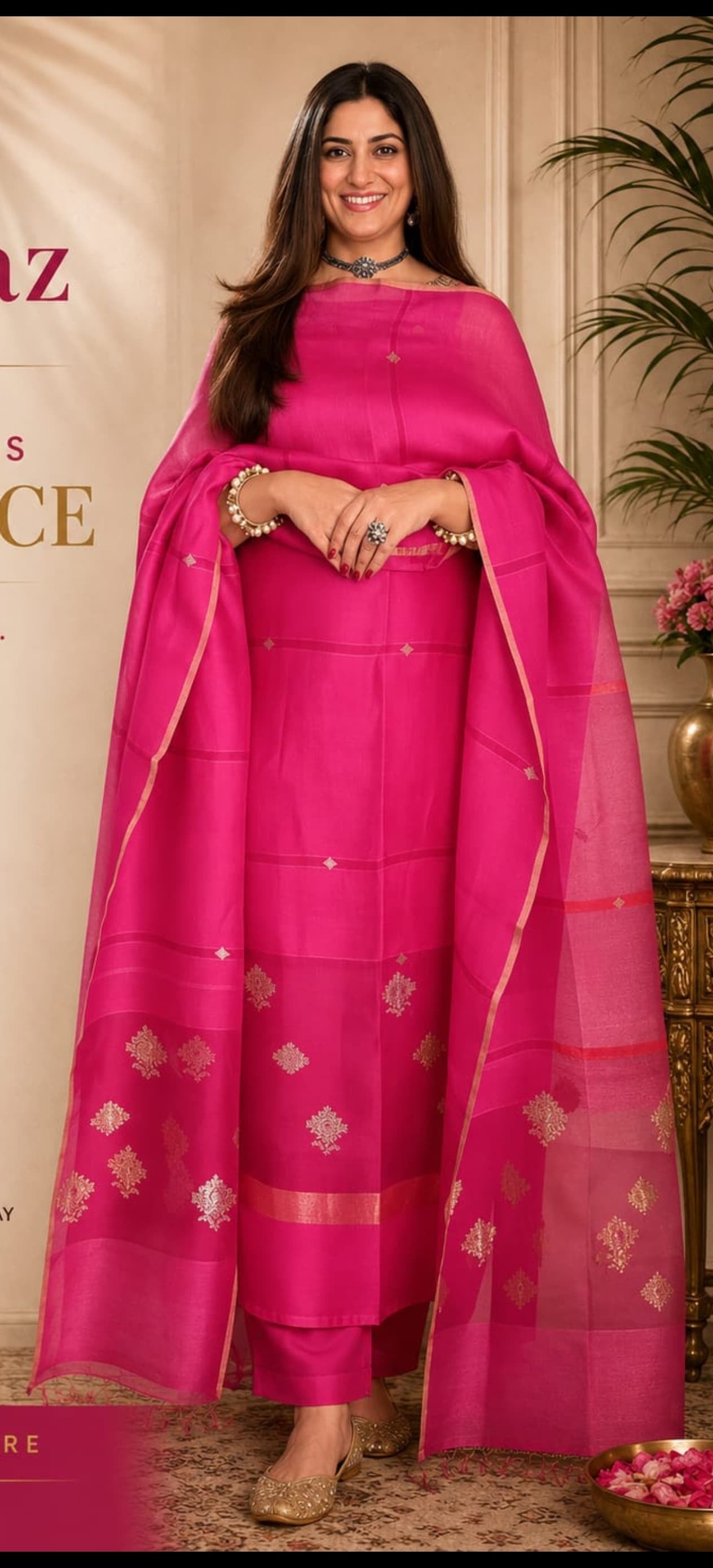 Laaj fine silk and silk-linen weaved suit with intricate gold and silver Jamdani weaving, featuring a matching top and dupatta by Rihyaaz; bottom available separately.