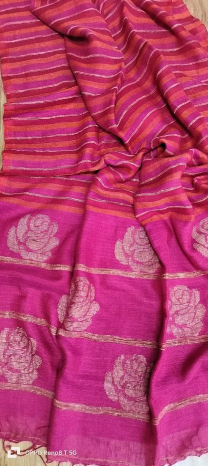 Rose handwoven striped linen saree with elegant woven stripes, rose motifs, and a lightweight traditional handloom texture by Rihyaaz 
