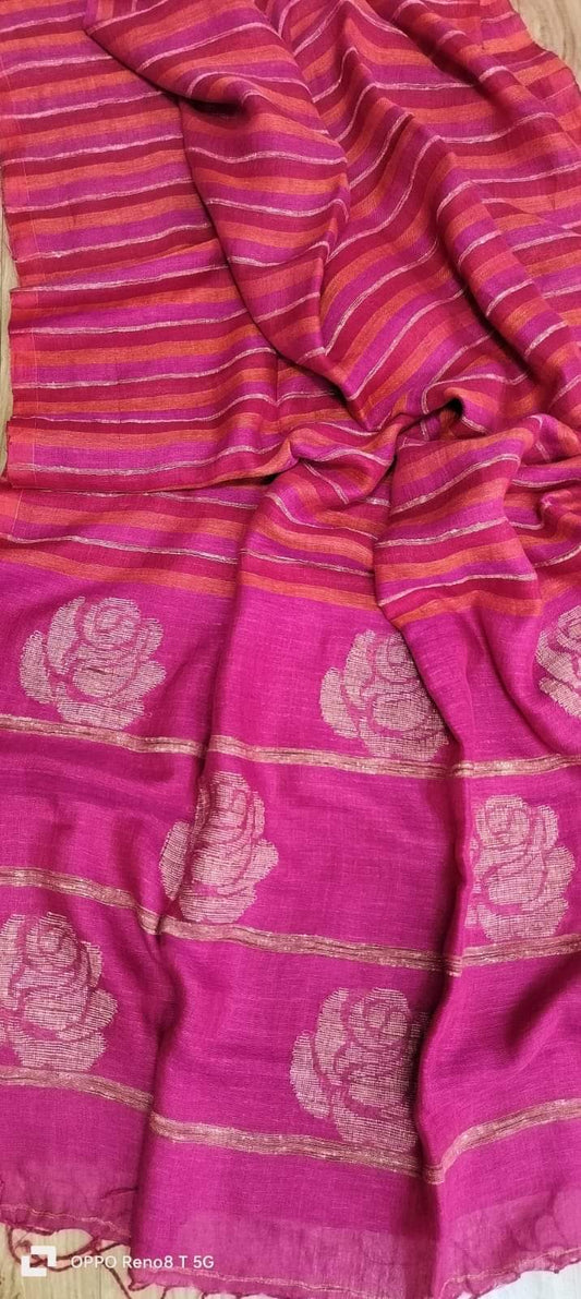 Rose magenta handwoven striped linen saree with elegant woven stripes, rose motifs, and a lightweight traditional handloom texture by Rihyaaz 