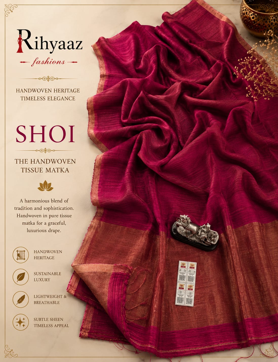 Shoi Inchi Par Tissue Resham Matka saree with elegant traditional border and running blouse piece by Rihyaaz.