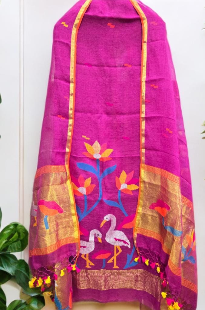 Kora Jayshree pure linen handwoven Jamdani kurti and dupatta set by Rihyaaz, featuring premium-quality traditional Indian handloom weaving.