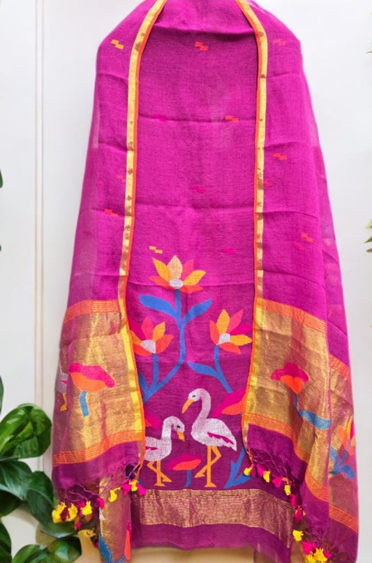 Kora Jayshree pure linen handwoven Jamdani kurti and dupatta set by Rihyaaz, featuring premium-quality traditional Indian handloom weaving.