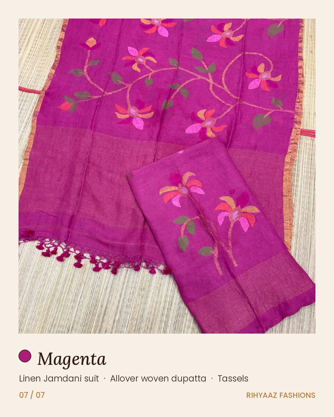 Gulmohar Magenta linen needle-weaved Jamdani suits by Rihyaaz Fashions, showcasing elegant traditional weaving and sophisticated Indian ethnic wear for women.