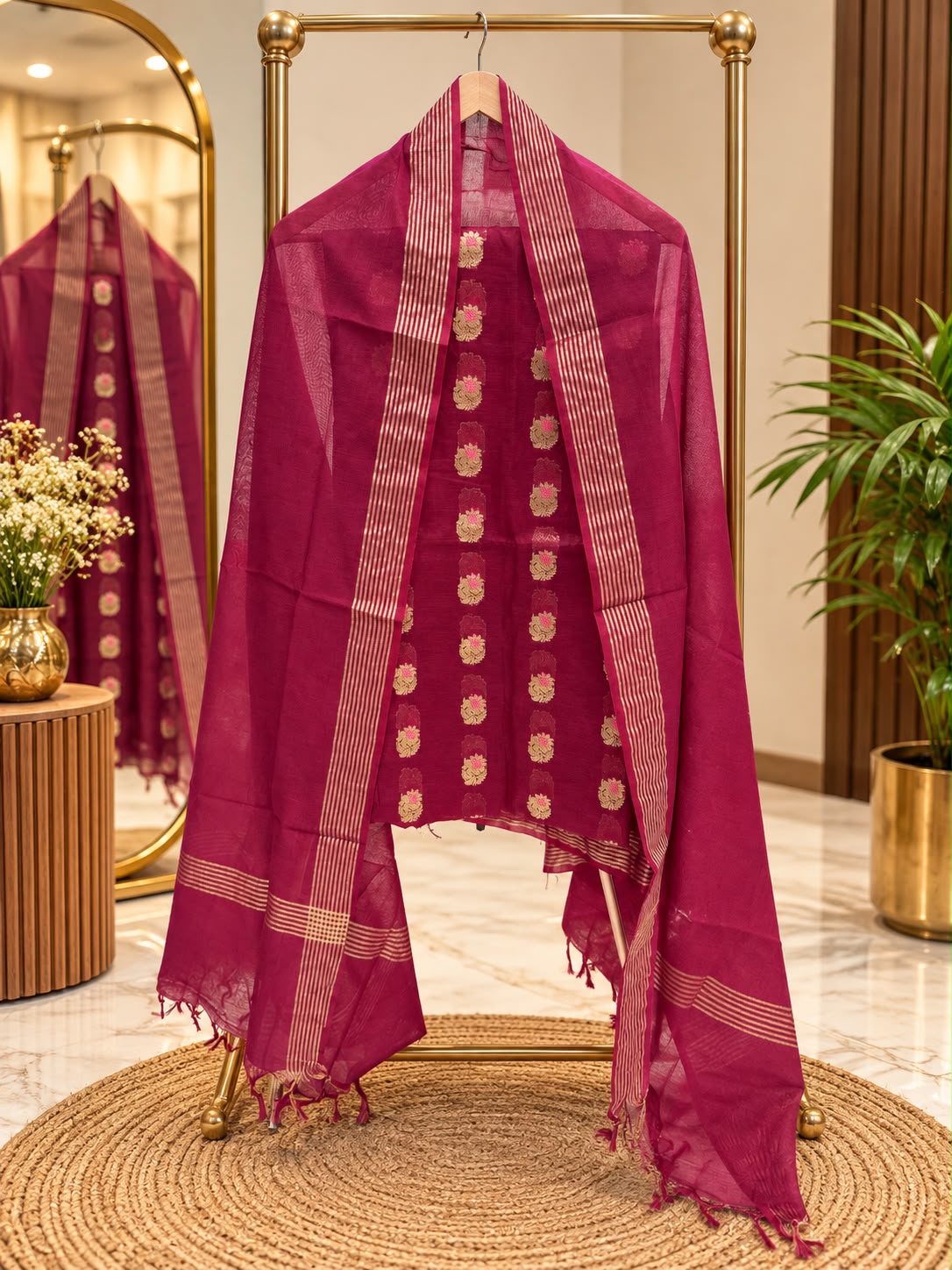 Exclusive Magenta Mal Chanderi suit set featuring a floral Meena booti top paired with a zari Chudi border dupatta. Comes with a plain cotton silk bottom, 2.50 metres each for an elegant festive ensemble by Rihyaaz Fashions. 