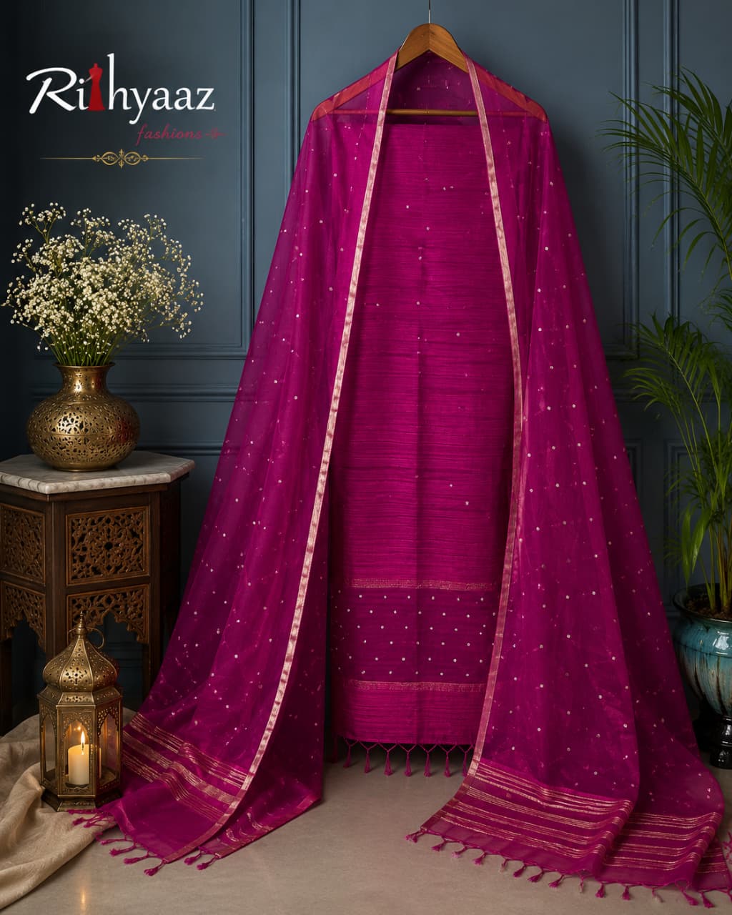 Ratri Matka suit set styled with an elegant Resham sequin embellished dupatta, showcasing traditional Indian ethnic fashion and festive craftsmanship.