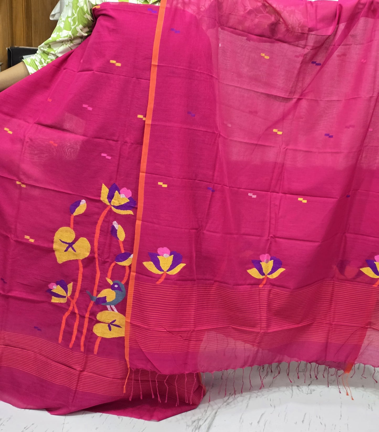Arvi Mul Cotton checkered Needle Weaved Lotus Motif Jamdani suit with daman work and detailed dupatta by Rihyaaz