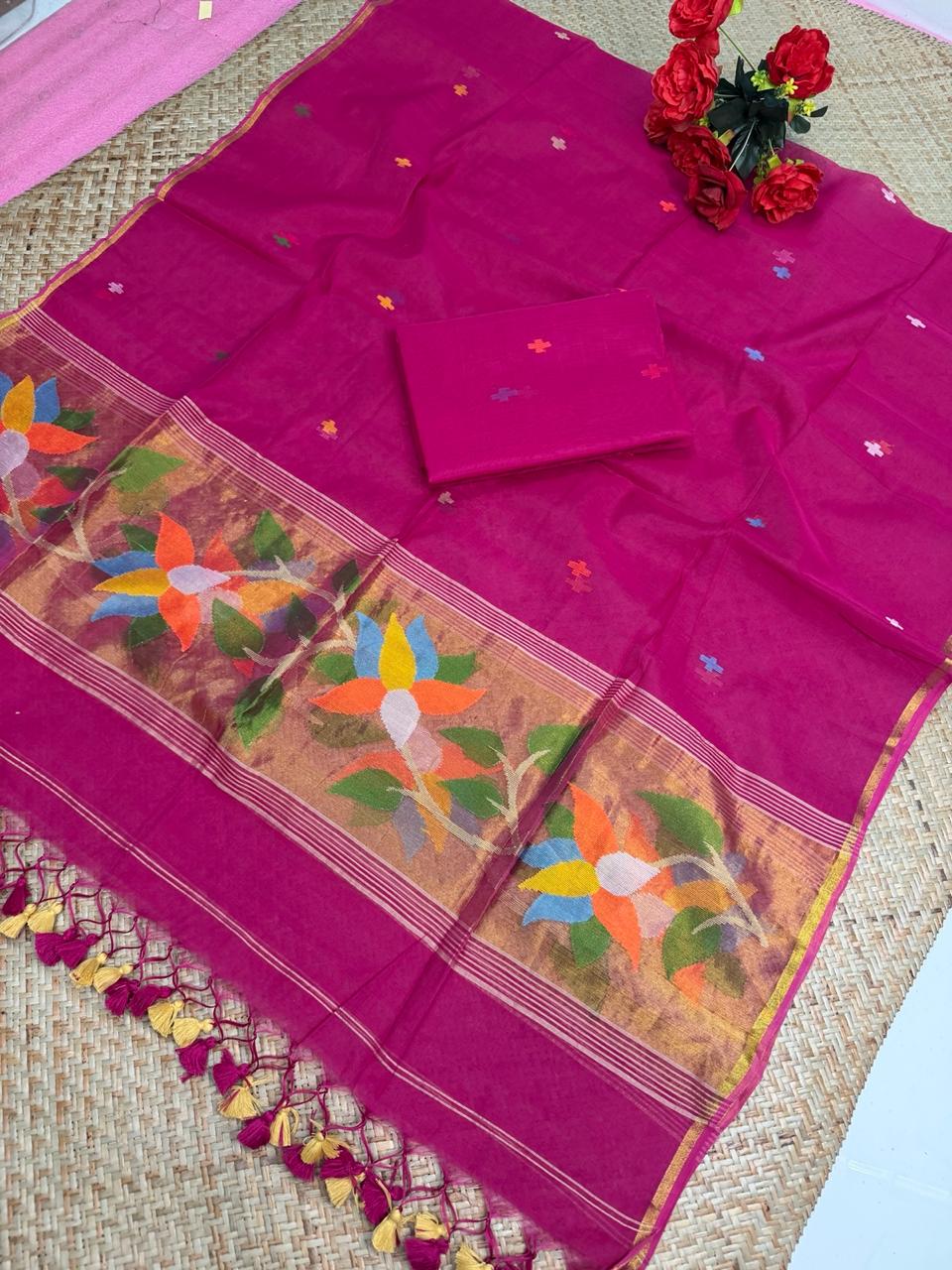 ✨ Muslin Paithani Jamdani Handwoven Suit Set with Tassels Dupatta | Rihyaaz