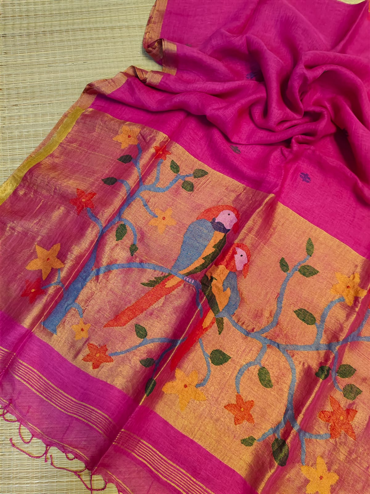 Kakatua Pure Linen Paithani Saree by Rihyaaz with matching blouse piece, elegant Paithani weave, premium linen fabric, custom colour options available, handcrafted ethnic wear.