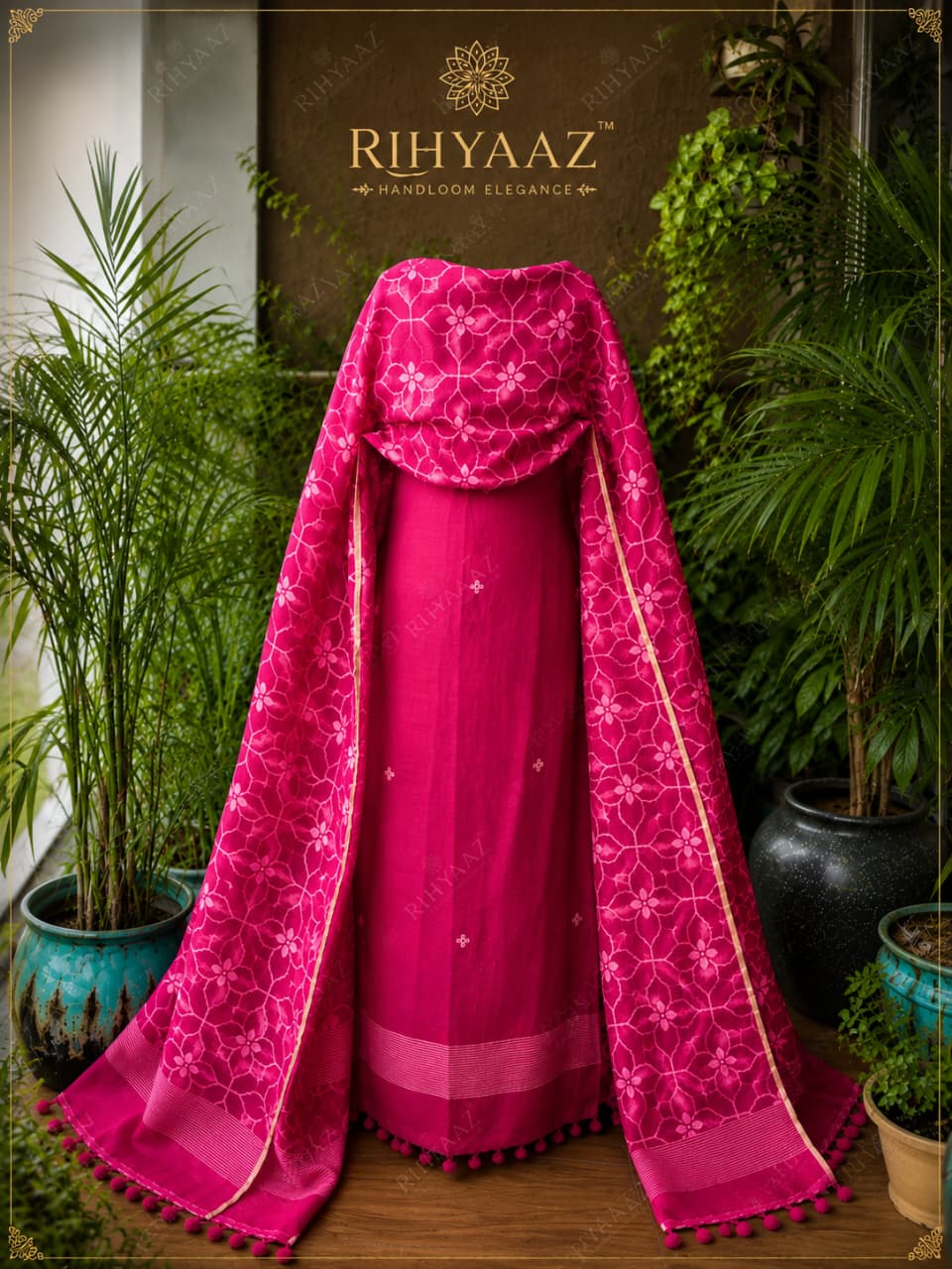Zohra pure linen polka weaved suit with an all-over woven floral dupatta by  Rihyaaz for a graceful elegant look.