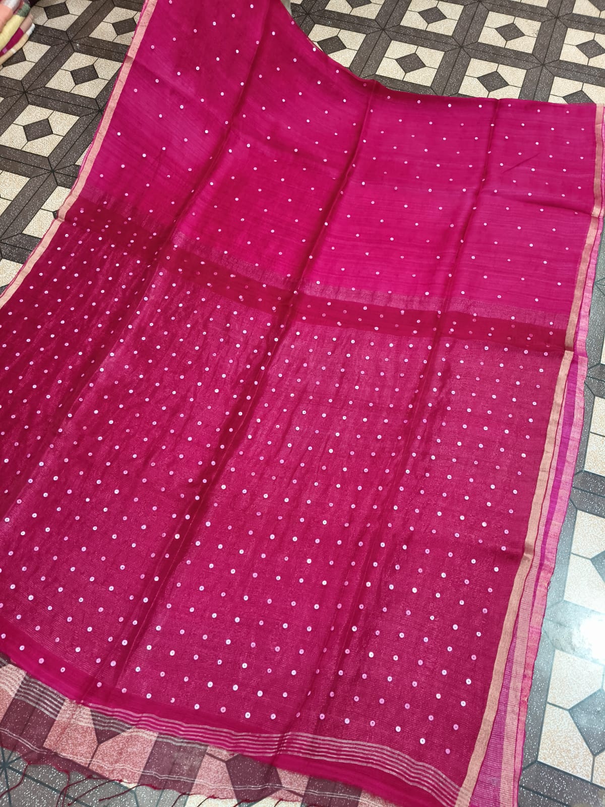 Shatranj Pure Matka Muslin Silk saree with zari border and all-over white sequin sea-shell woven palla, paired with running Matka blouse piece by Rihyaaz 