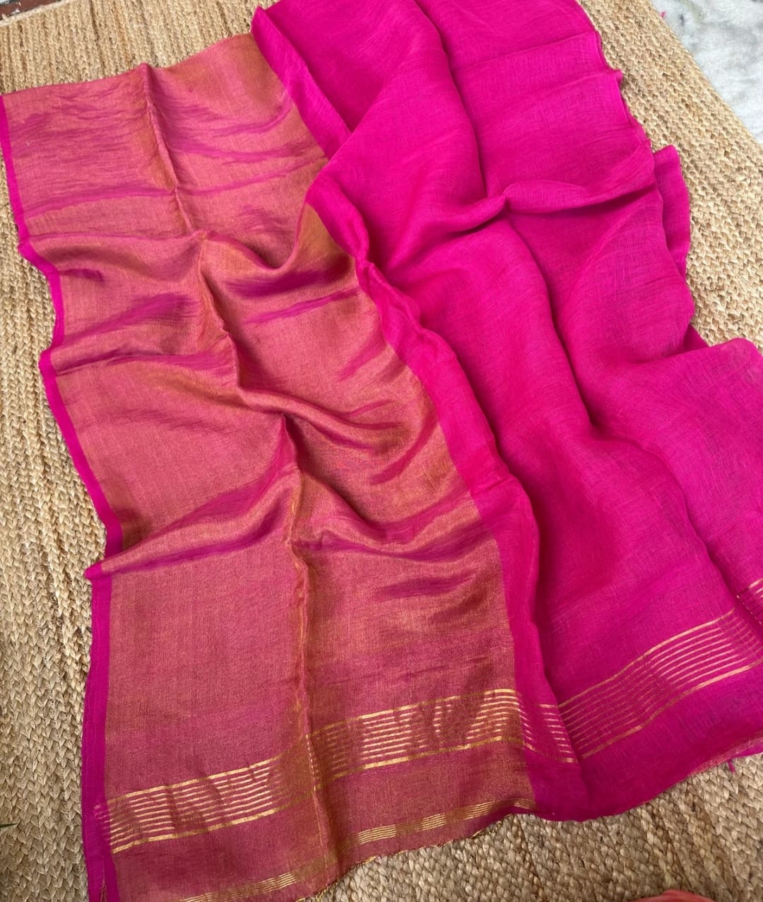 Yukti pure and premium Jayashree Linen half-and-half saree with elegant zari weaved lower portion and running blouse piece by Rihyaaz