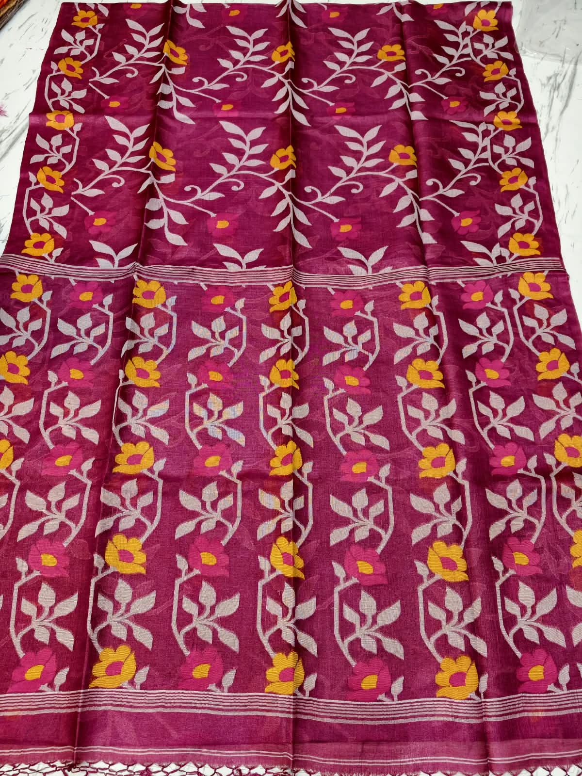 Bageecha Magenta Pure Tussar Jamdani saree with intricate all-over handwoven floral Jamdani work, Silk Mark certified by Rihyaaz 