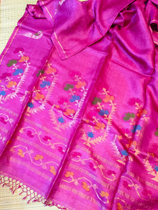 Rajeswari pure Tussar by Tussar hand-woven Jamdani saree with intricate needlework and floral motifs, and running blouse piece – Rihyaaz