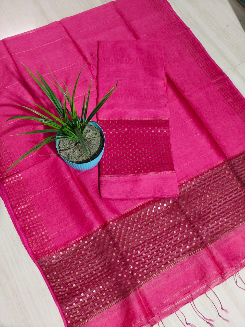 Ira new handwoven Silk Linen Jamdani suit set with 3 meter top and 2.5 meter dupatta featuring elegant net tassel detailing by Rihyaaz.