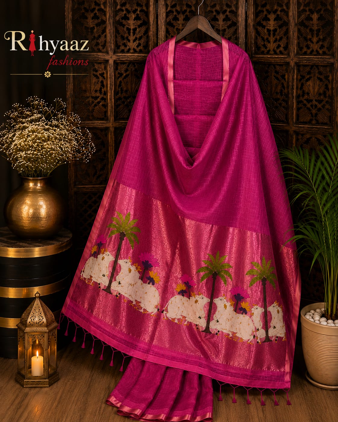 Kamdhenu Silk Linen Pichwai Motif Paithani Jamdani Saree by Rihyaaz featuring intricate Pichwai-inspired weaving, elegant Paithani pallu, handcrafted details, and a plain blouse piece for festive and traditional wear.