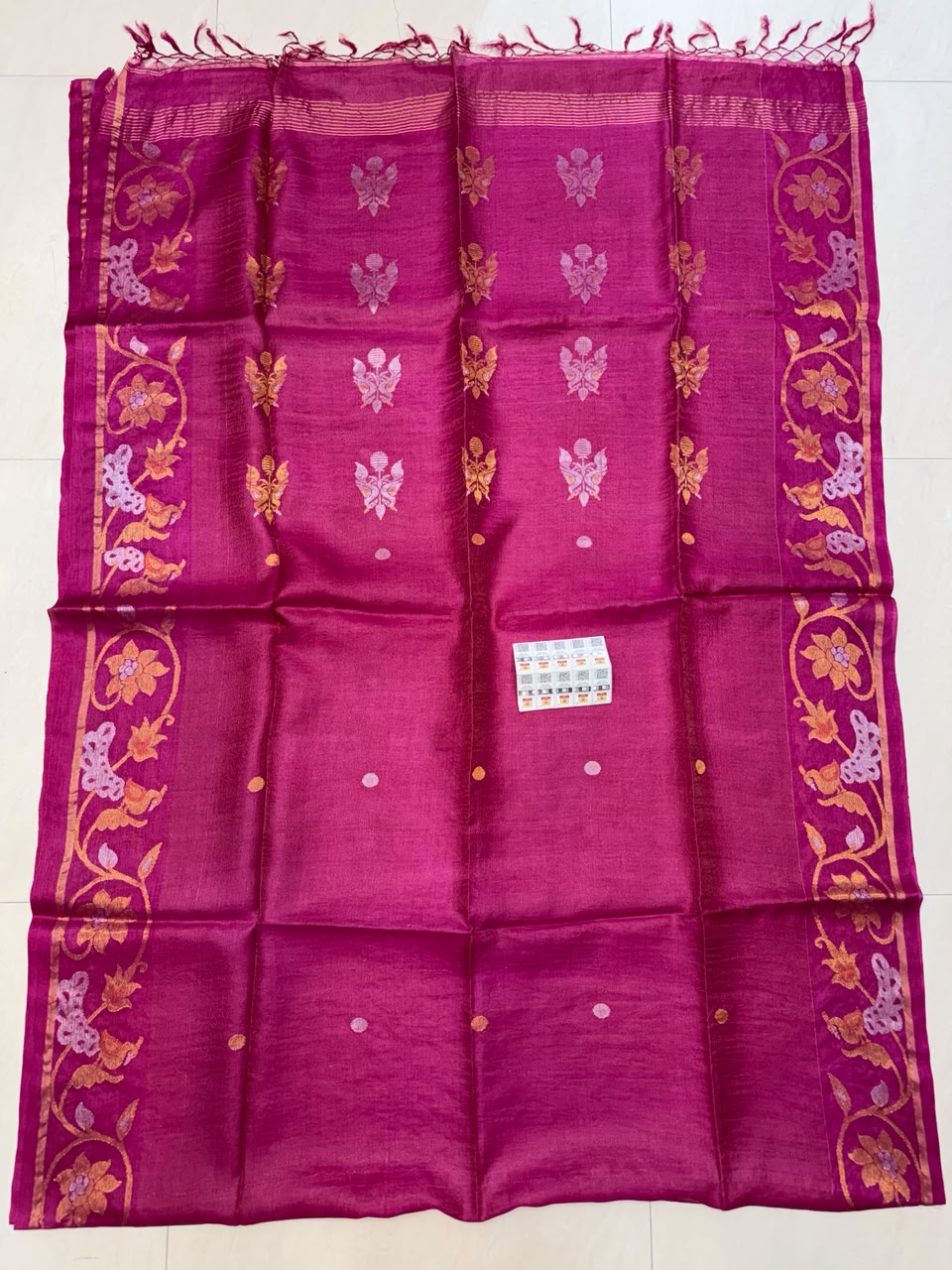 Authentic Pure Gachhi Weaving Tissue Tussar Jamdani Saree with Unique Dye Design and Government Silk Mark Tag by Rihyaaz