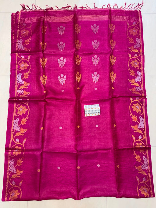 Authentic Pure Gachhi Weaving Tissue Tussar Jamdani Saree with Unique Dye Design and Government Silk Mark Tag by Rihyaaz