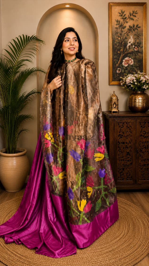 Qala tissue silk sequin weaved saree with intricate Jamdani palla and solid-colour blouse piece, customisable in pastel shades by Rihyaaz.
