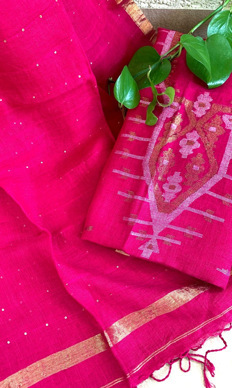✨ Shreeja – Yoke Weaved Linen Kurta with All-over Weaved Sequin Jamdani Dupatta | Rihyaaz
