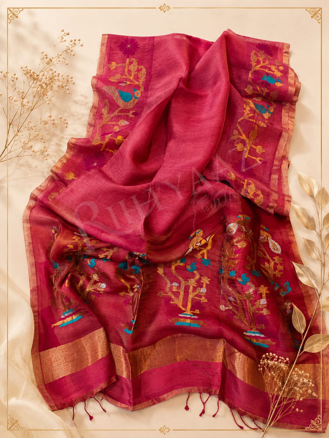Khori - Silk Tissue Linen Needle Karat Jamdani Saree with handcrafted Resham Jamdani palla, premium handwoven festive saree by Rihyaaz featuring elegant traditional weaving and luxurious silk tissue linen fabric.