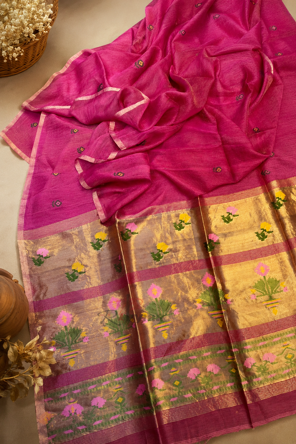 Ful - Paithani Inspired Tissue Palla Linen Silk Saree by Rihyaaz featuring an elegant handwoven linen silk body with a luxurious tissue Paithani-inspired palla, ideal for festive wear, wedding celebrations, and traditional occasions.