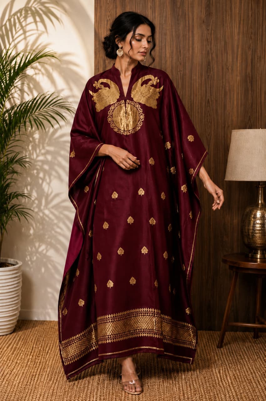 Nayra Banarasi weaved unstitched kaftan by Rihyaaz, showcasing elegant traditional Indian weaving and luxurious ethnic styling.