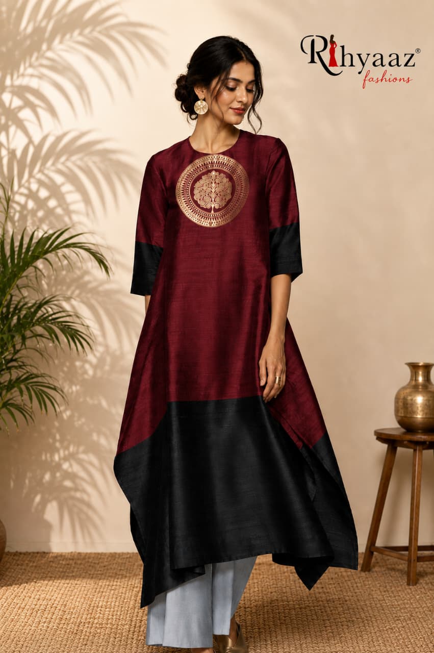 Ruby Benarasi woven raw silk kaftan unstitched fabric by Rihyaaz, available on pre-order.
